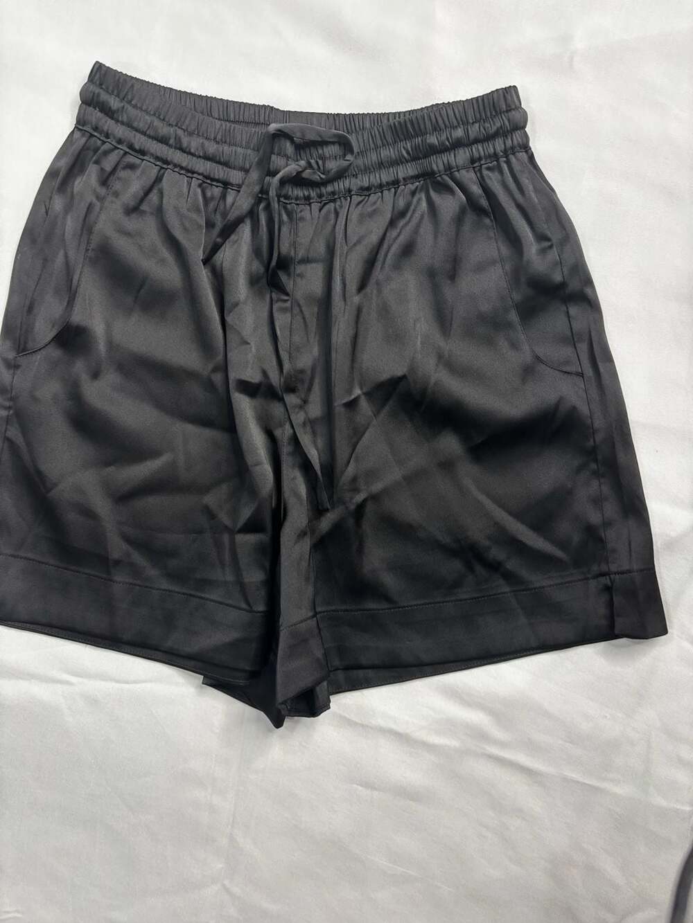 The Drop Black Satin Pull-On Elastic Waistband Drawstring Shorts